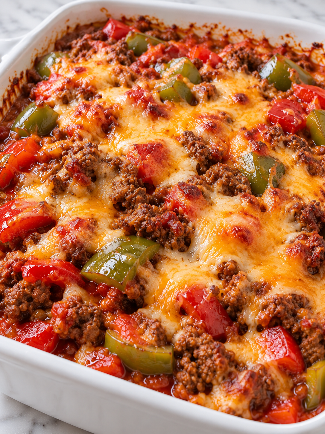 Saucy beef and bell pepper casserole with melted cheese in a baking dish