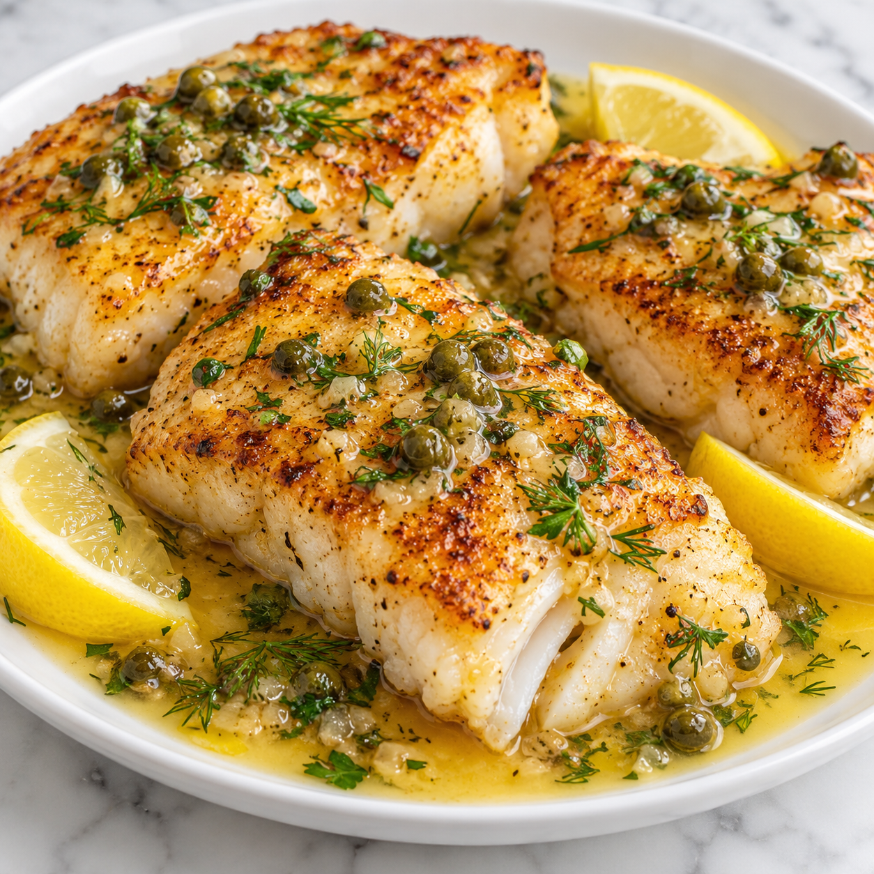 Pan fried cod with lemon butter sauce, herbs, capers, and lemon wedges