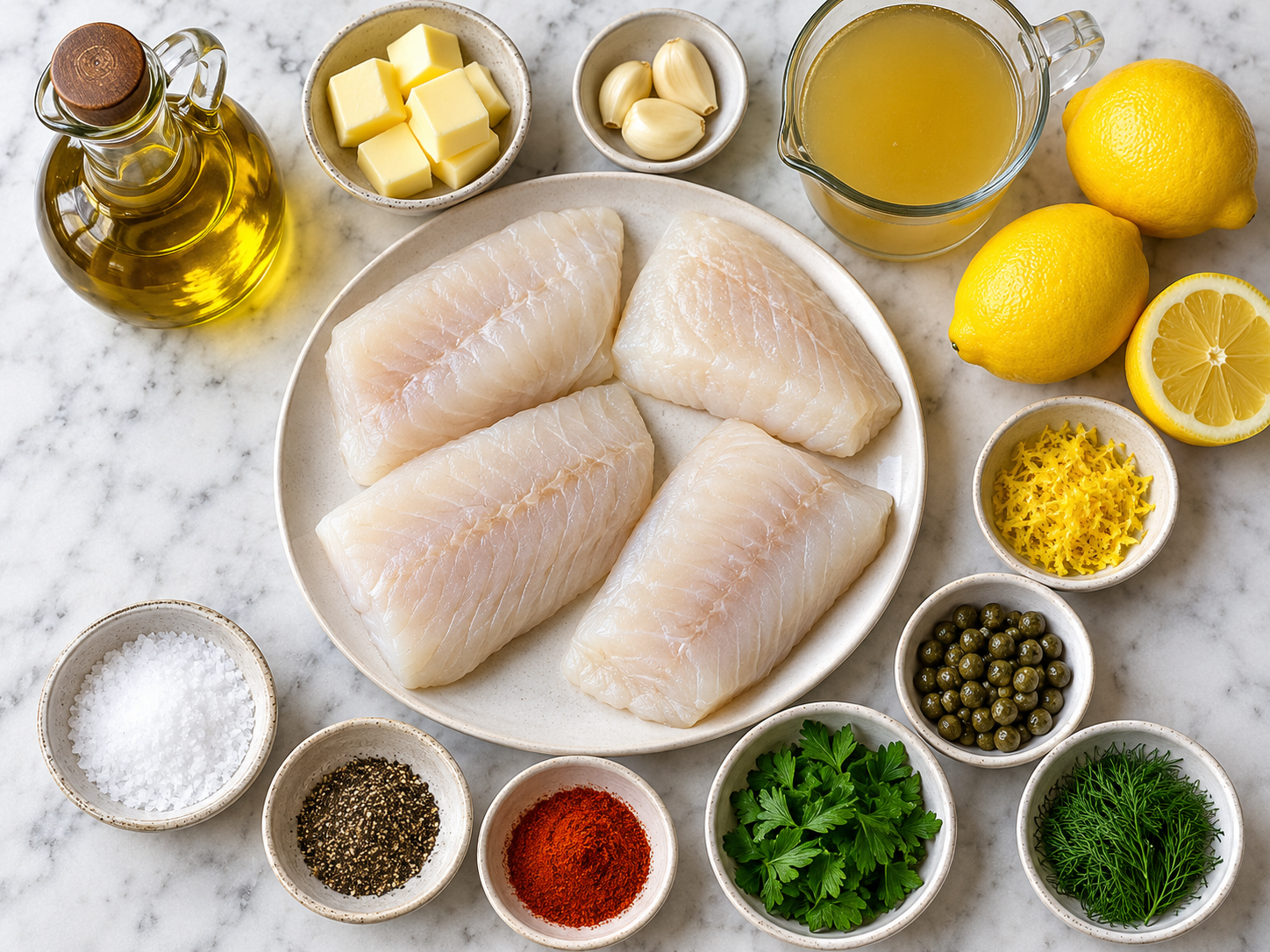 Raw cod, butter, lemons, garlic, herbs, capers, and seasonings on a counter