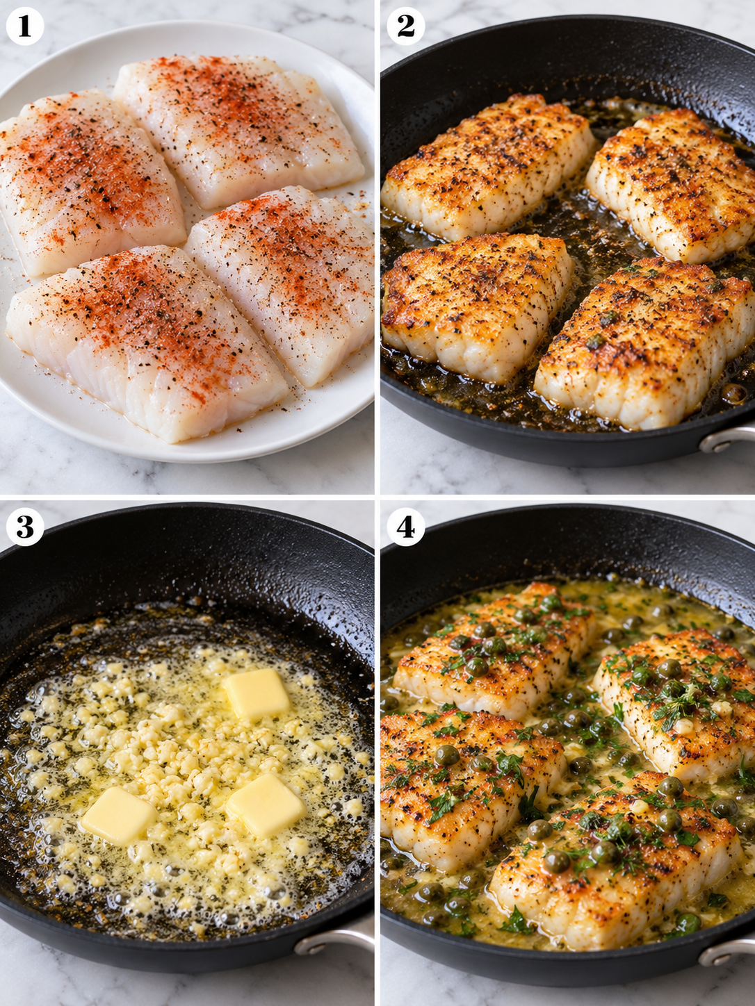 Four cooking steps for pan fried cod with lemon butter sauce