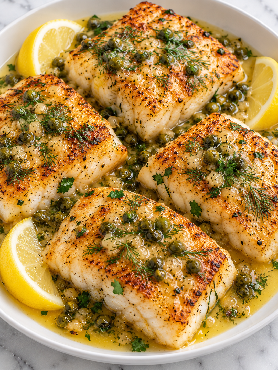 Golden pan fried cod with glossy lemon butter sauce, herbs, and capers