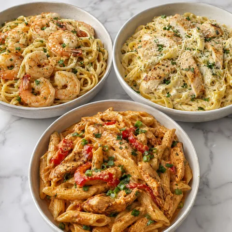 Three pasta dinners with shrimp scampi, lemon chicken, and Cajun chicken