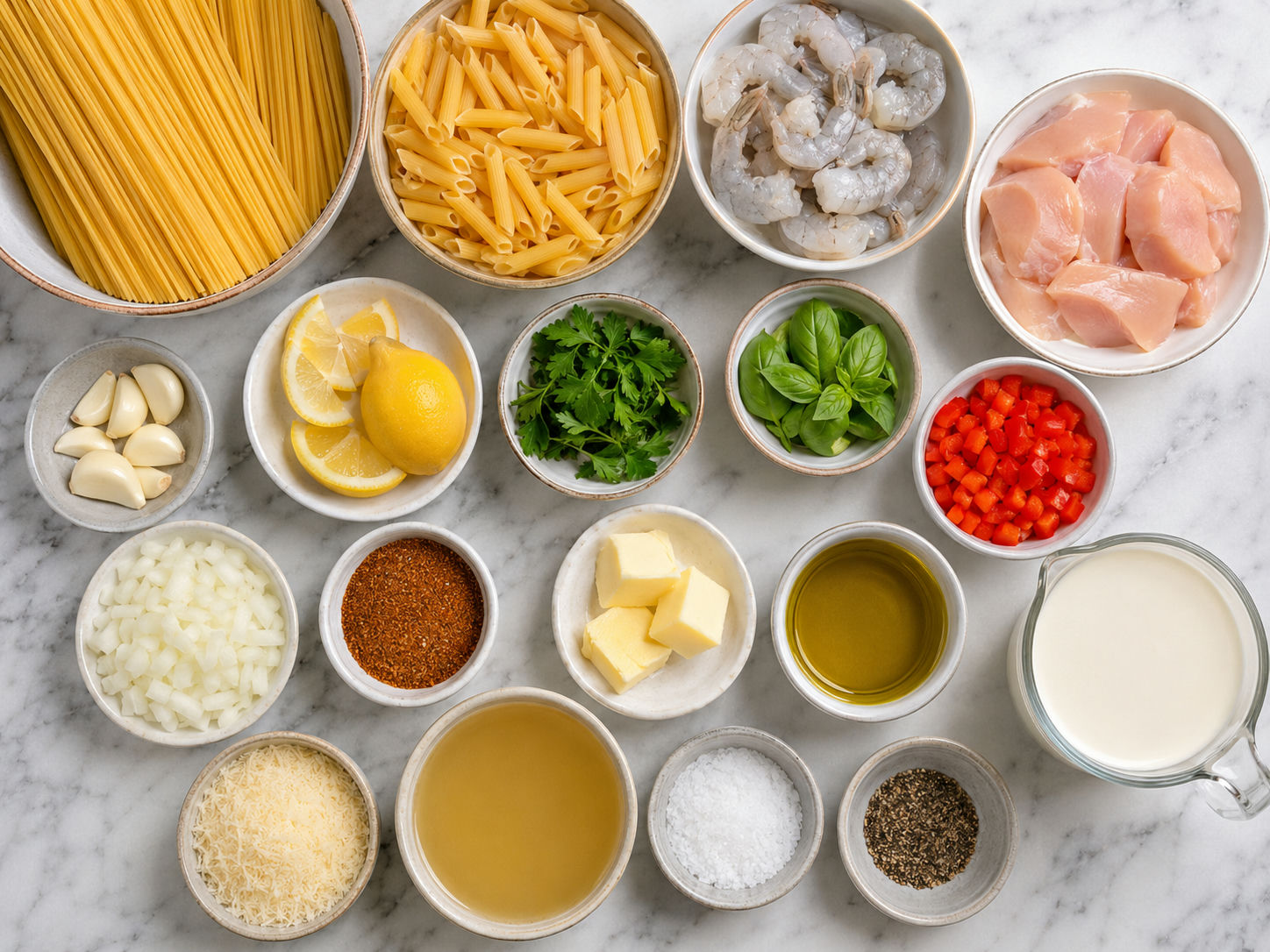Pasta dinner ingredients with shrimp, chicken, pasta, herbs, lemon, and cream