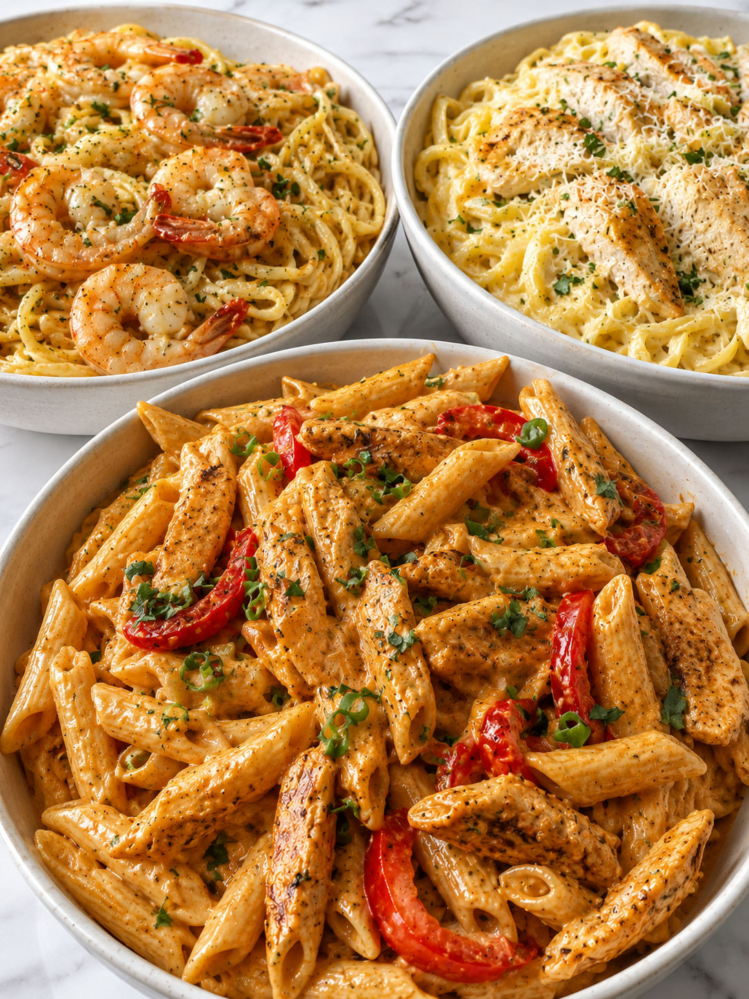 Three finished pasta dinner bowls with creamy chicken pasta and shrimp scampi