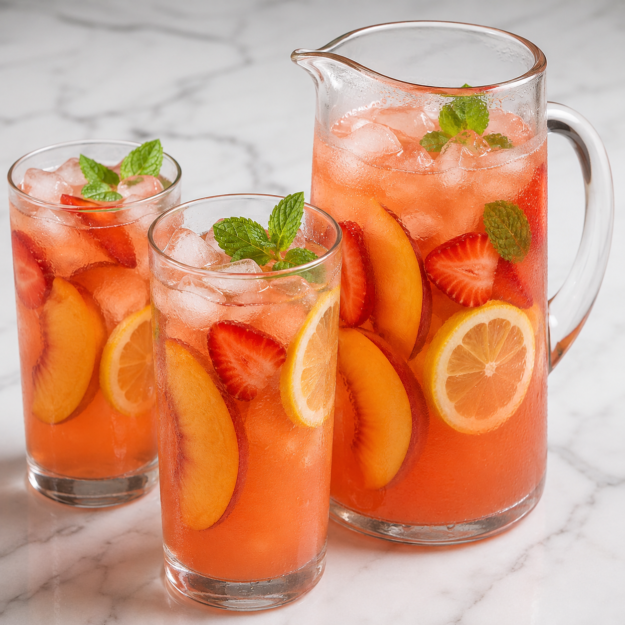 Peach strawberry lemonade with ice, lemon slices, berries, peaches, and mint
