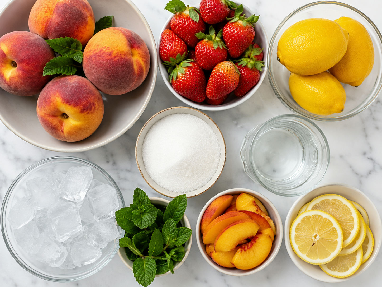 Fresh peaches, strawberries, lemons, sugar, mint, water, and ice for lemonade