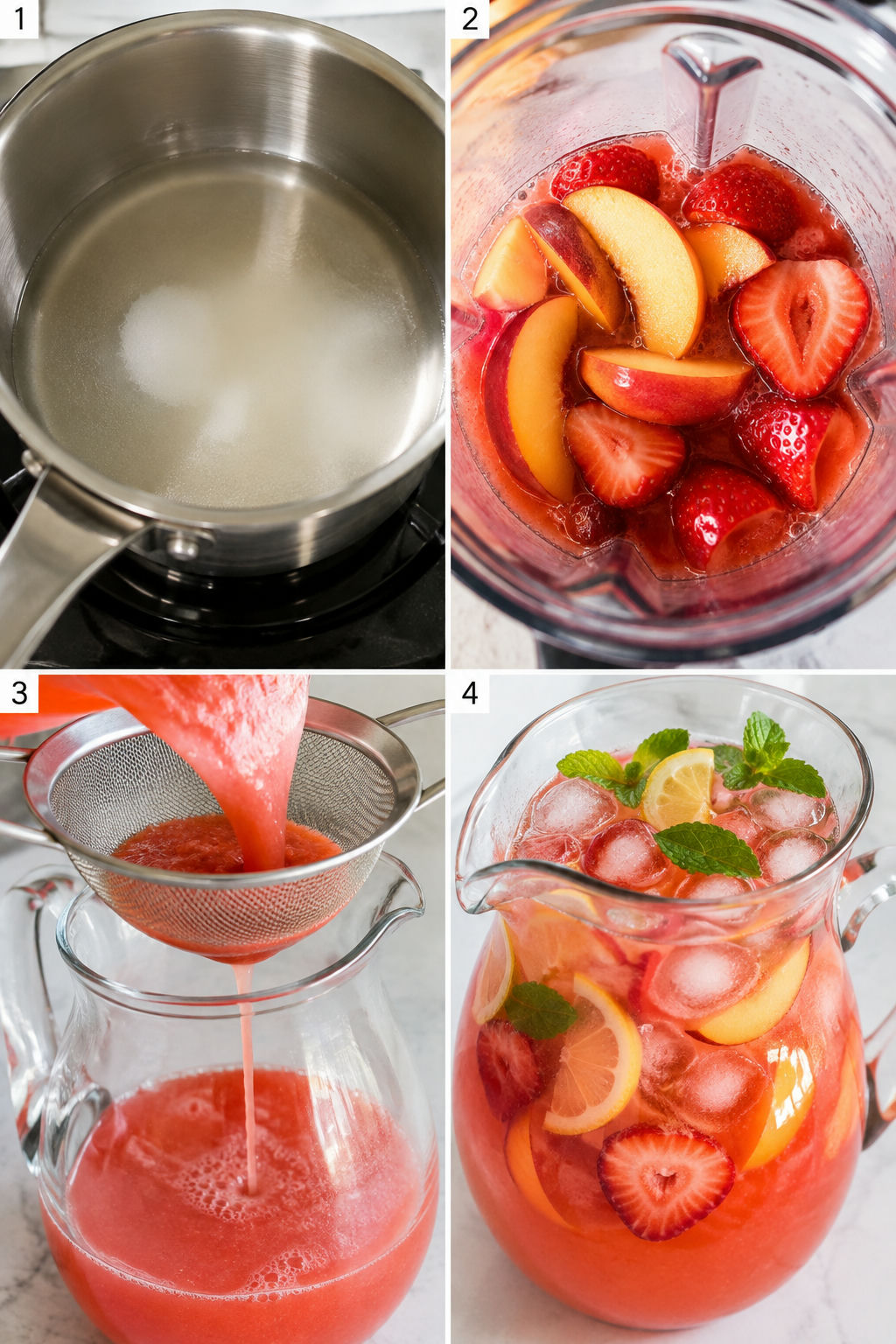 Four steps for making peach strawberry lemonade from syrup to pitcher