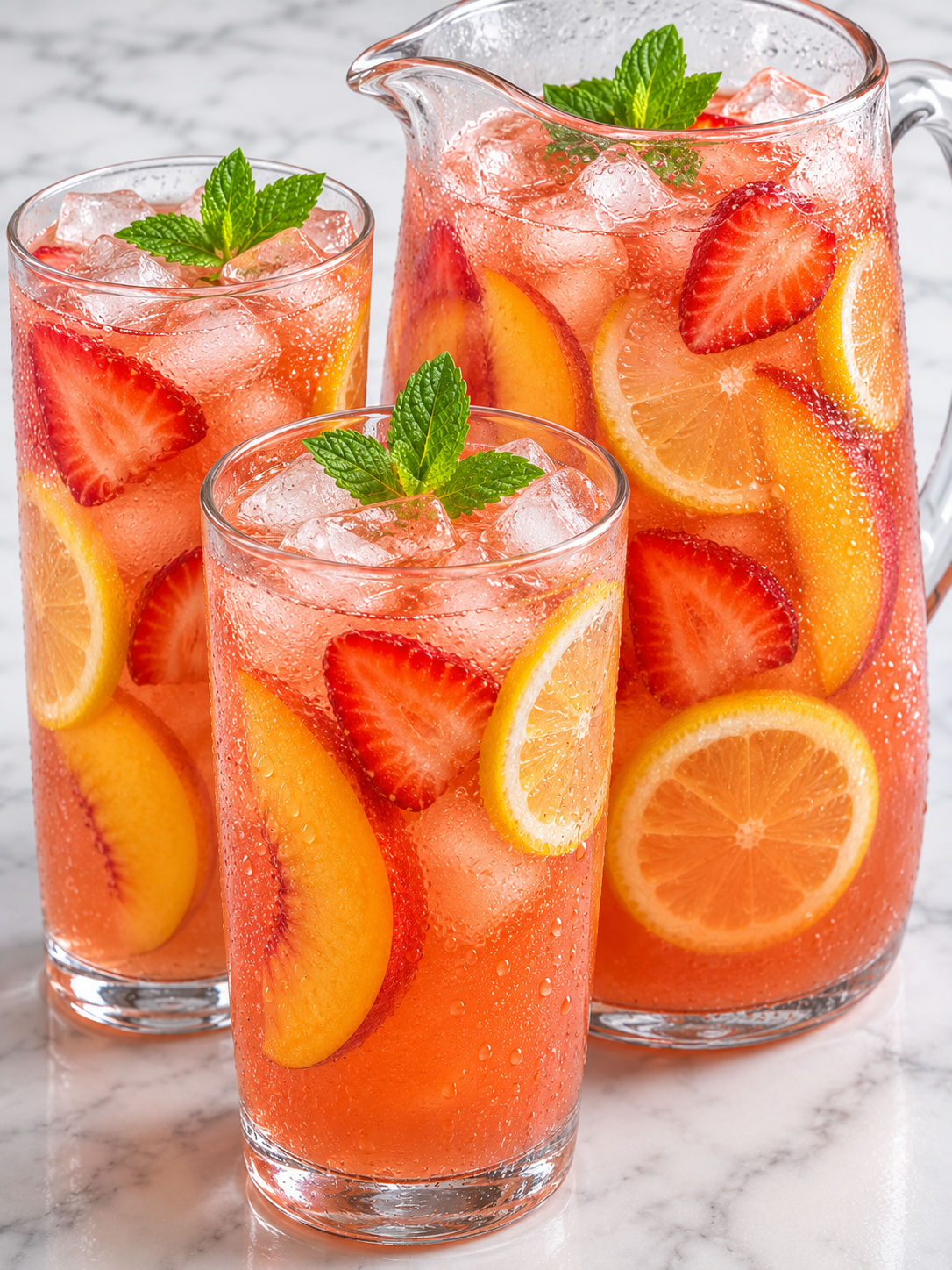 Tall glass of peach strawberry lemonade with ice, lemon, berries, peaches, and mint