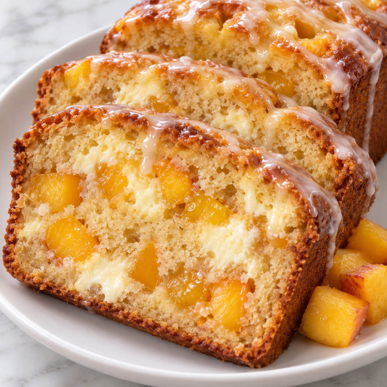 Sliced peaches and cream cheese loaf with lemon glaze and peach pieces