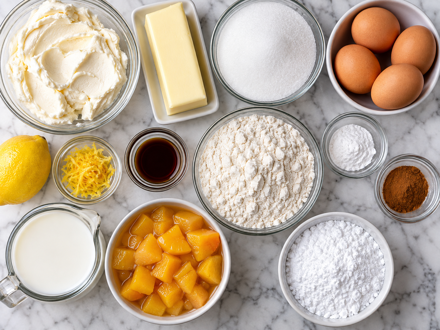 Ingredients for peaches and cream cheese loaf on a light wood surface
