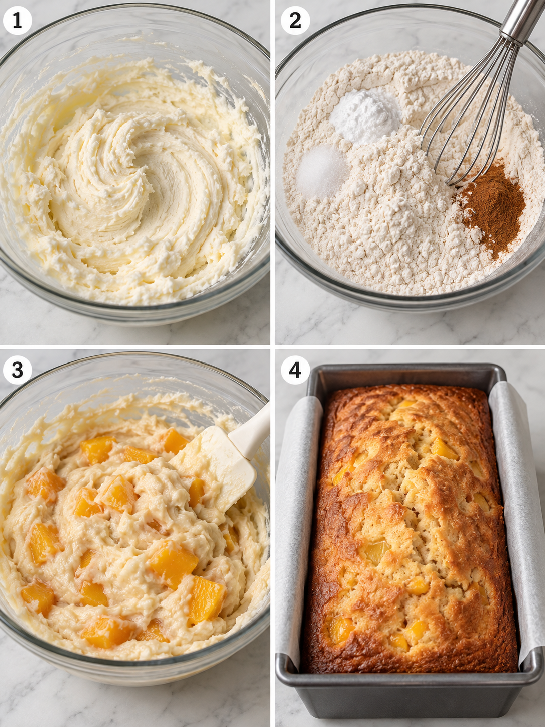 Four steps for mixing and baking peaches and cream cheese loaf