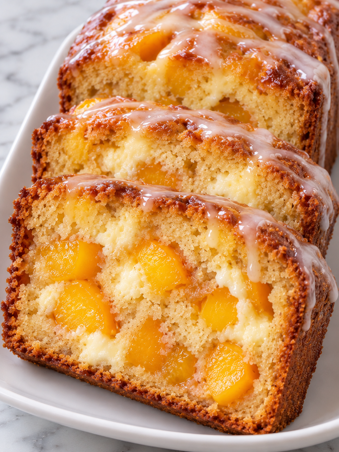 Peaches and cream cheese loaf slices with glaze and golden crust