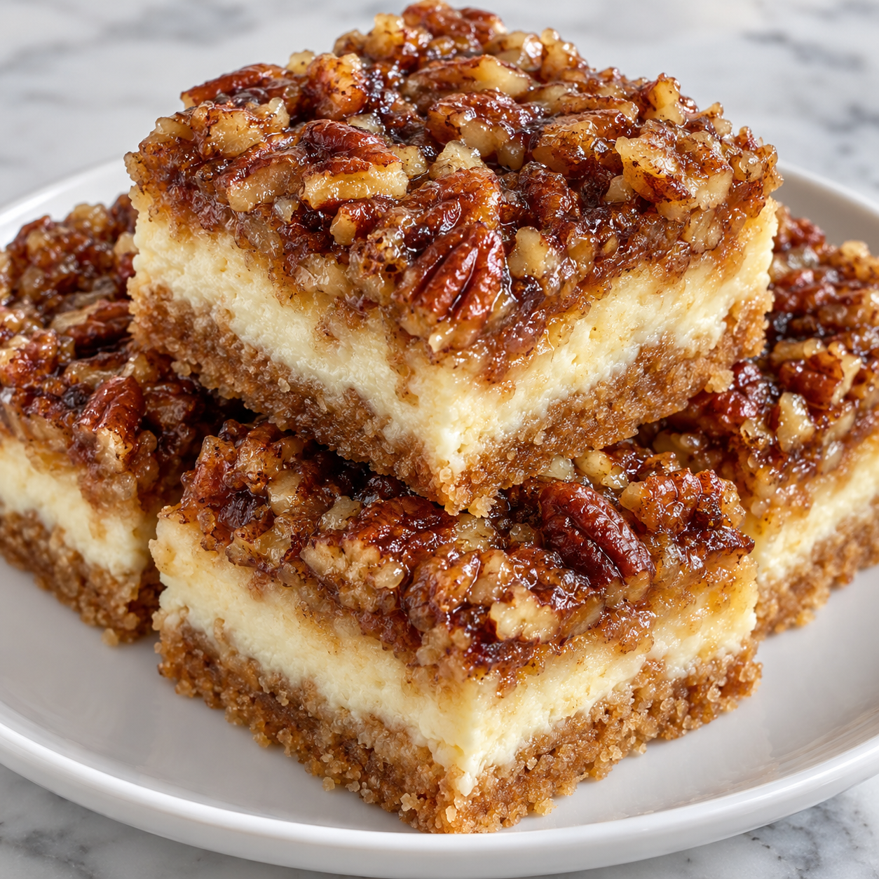 Pecan cheesecake squares with creamy layers and glossy pecan topping