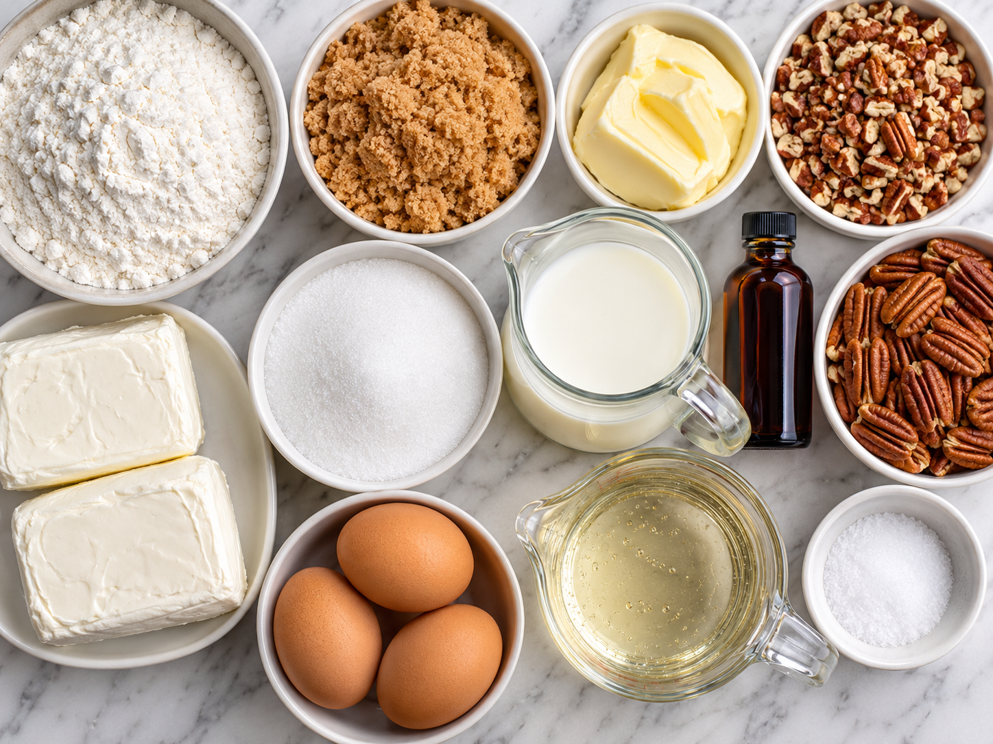 Ingredients for pecan cheesecake squares on a marble counter