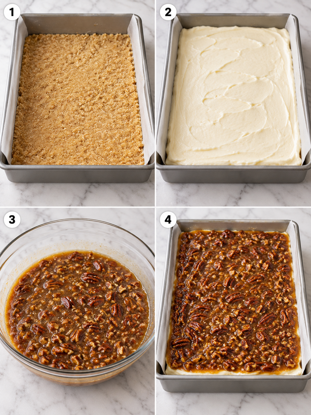 Four steps for making layered pecan cheesecake squares