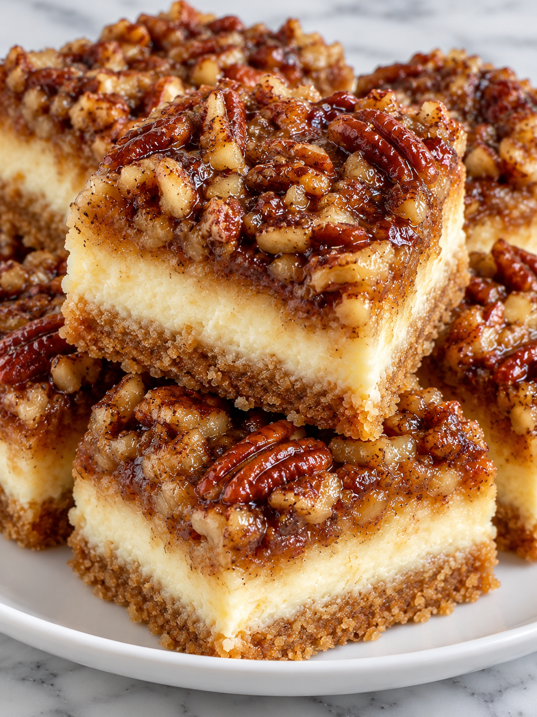 Layered pecan cheesecake squares with glossy pecan pie topping