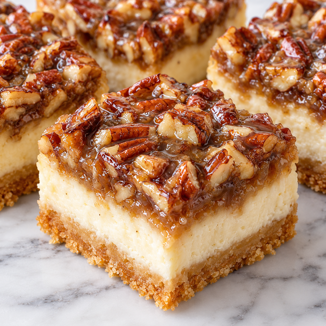 Pecan cheesecake squares with glossy pecan topping on parchment