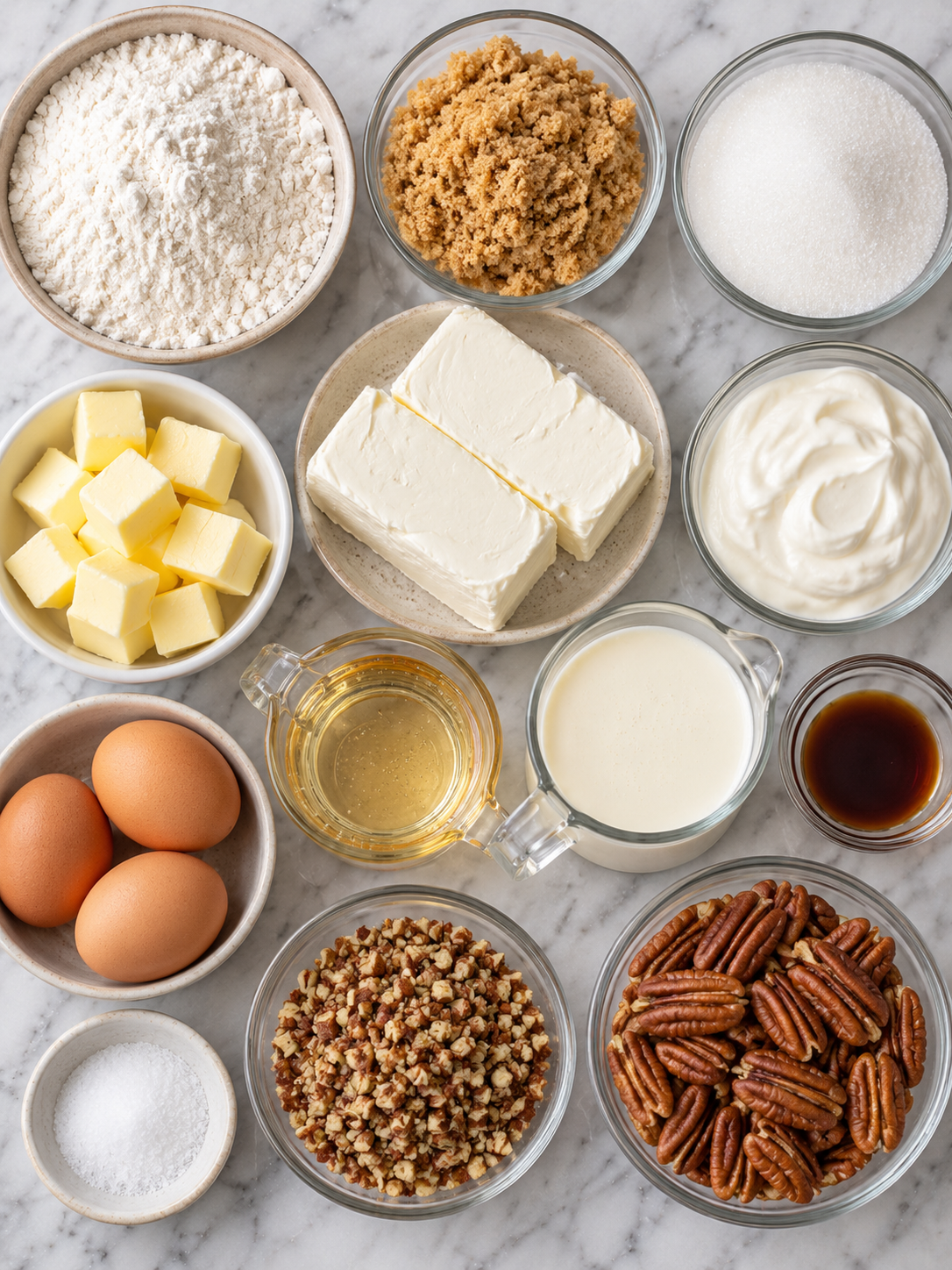 Ingredients for pecan cheesecake squares arranged on a marble counter
