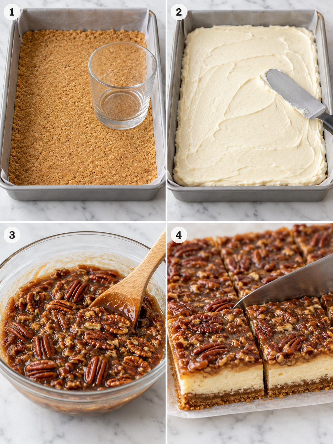Steps for making pecan cheesecake squares from crust to slicing