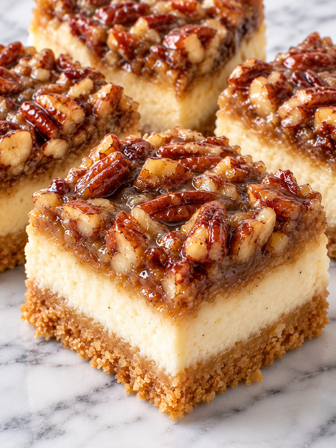 Layered pecan cheesecake squares with caramel pecan topping