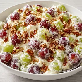 Creamy pecan grape salad with red and green grapes and toasted pecans