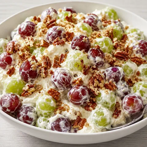 Creamy pecan grape salad with red and green grapes and toasted pecans