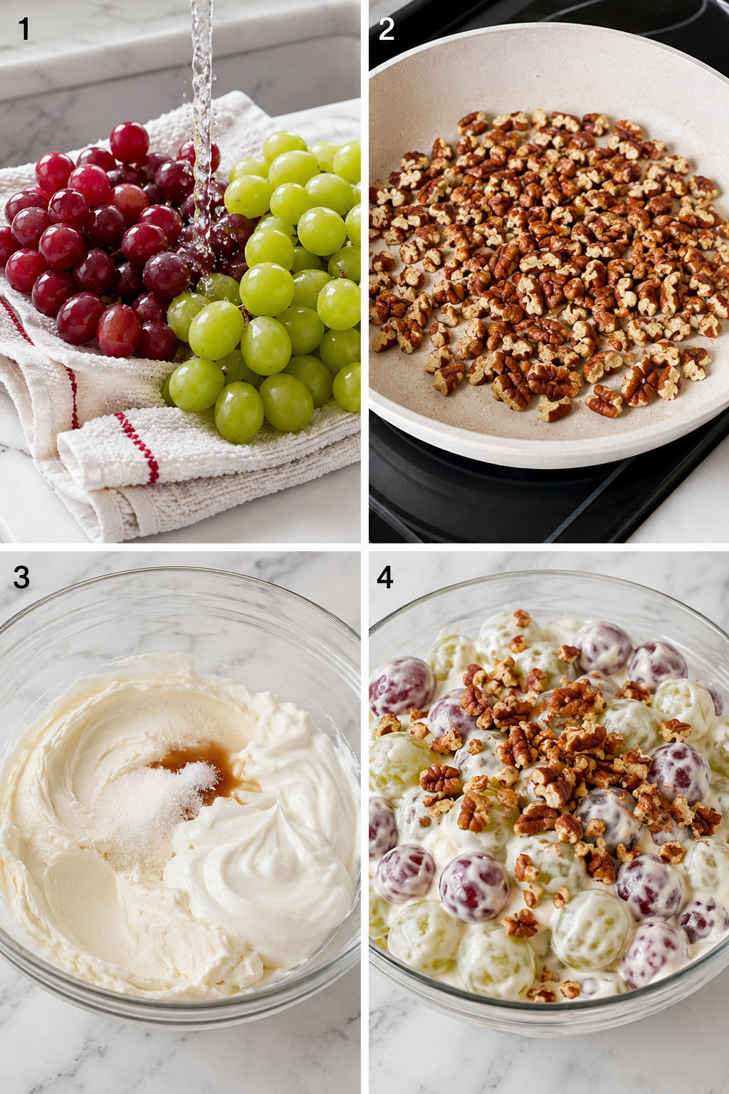 Steps for making creamy pecan grape salad with toasted pecans