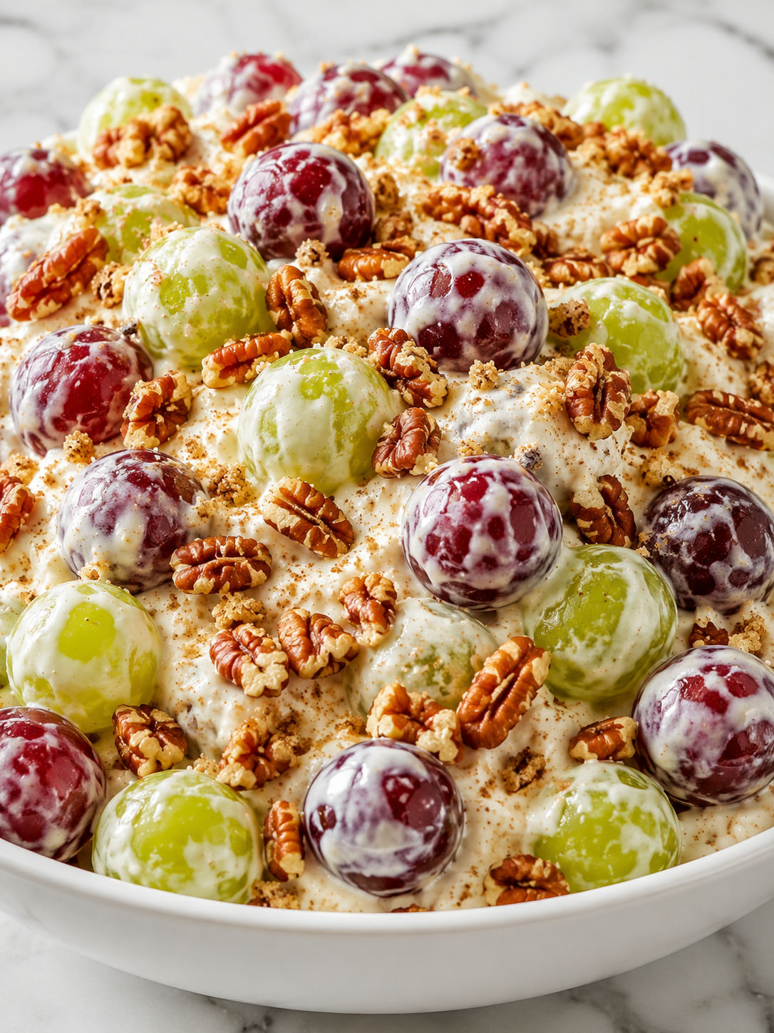 Creamy pecan grape salad filling a white bowl with toasted pecans on top