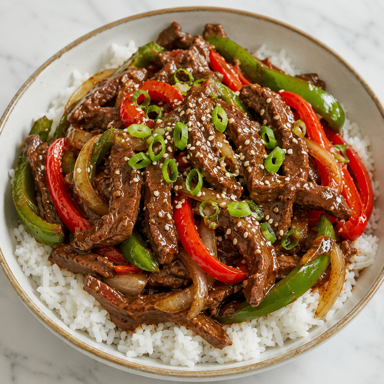 Pepper steak stir fry with beef, bell peppers, scallions, and rice