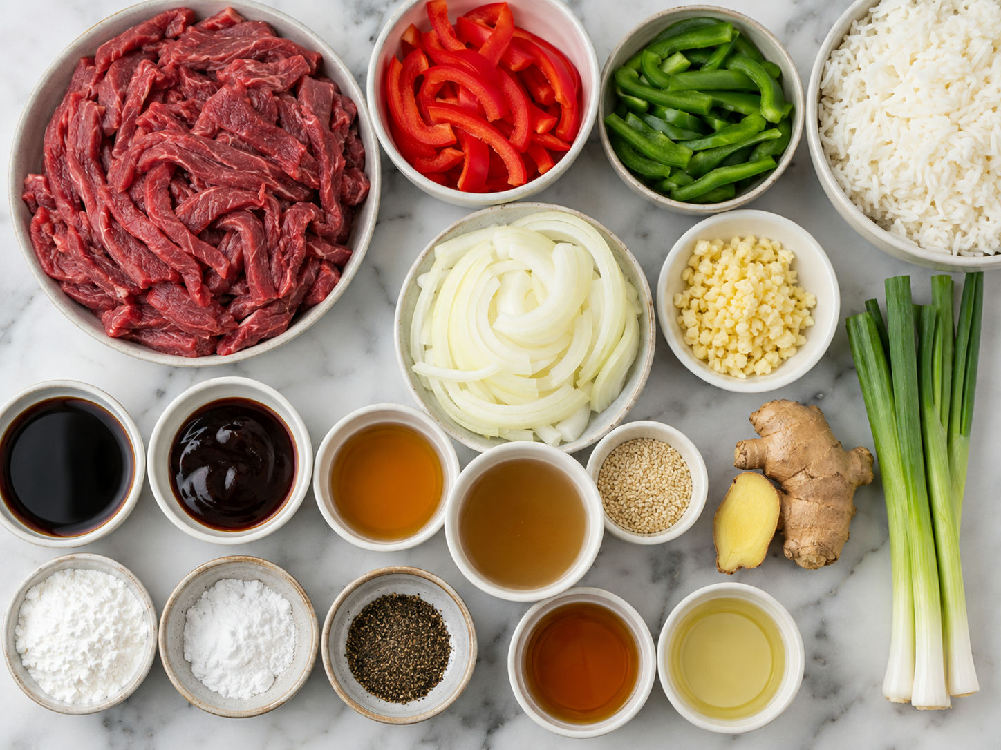 Raw pepper steak stir fry ingredients with beef, peppers, onion, and sauce