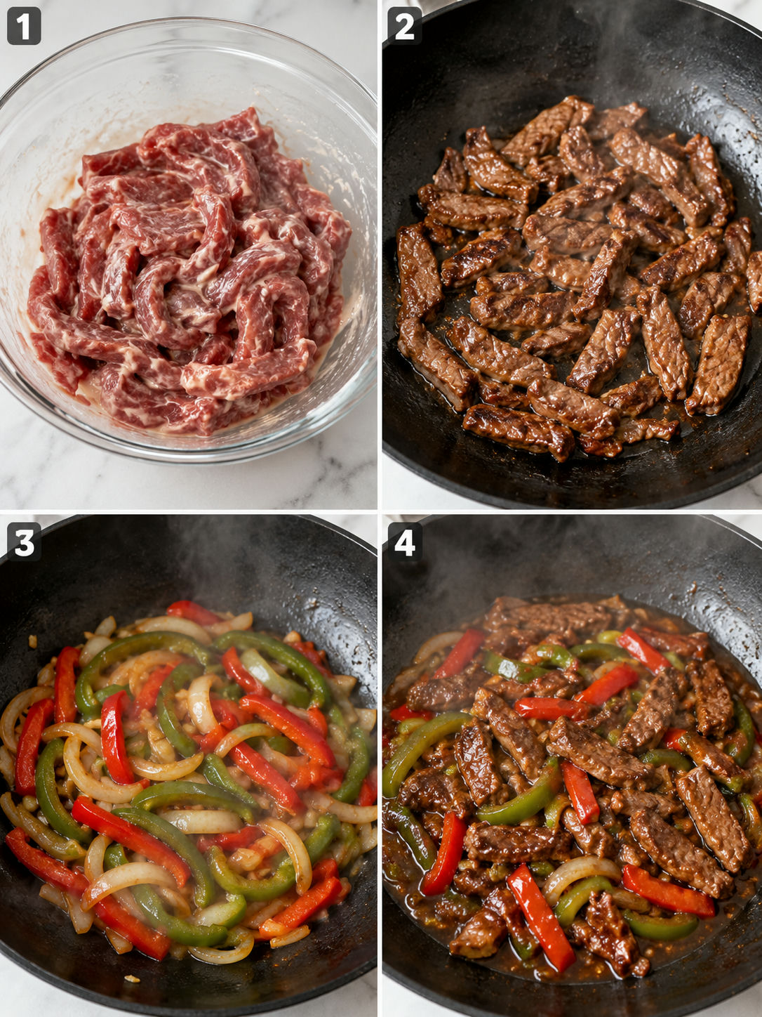 Four cooking steps for pepper steak stir fry in a wok