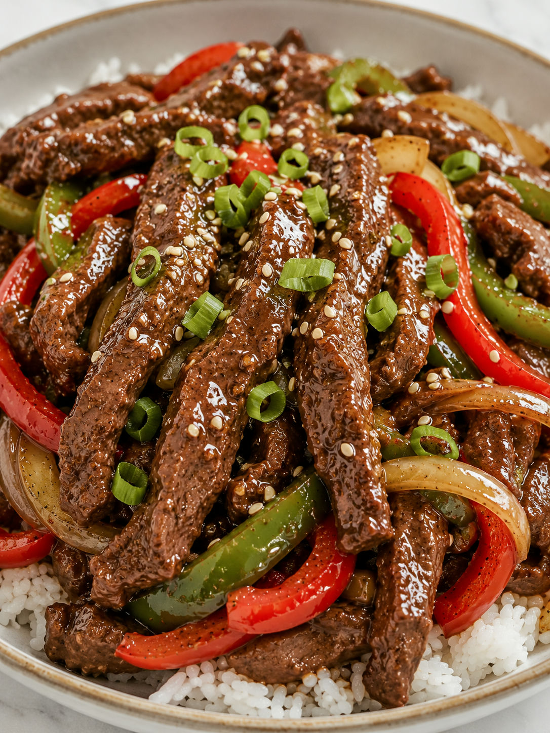 Glossy pepper steak stir fry over rice with scallions and sesame seeds