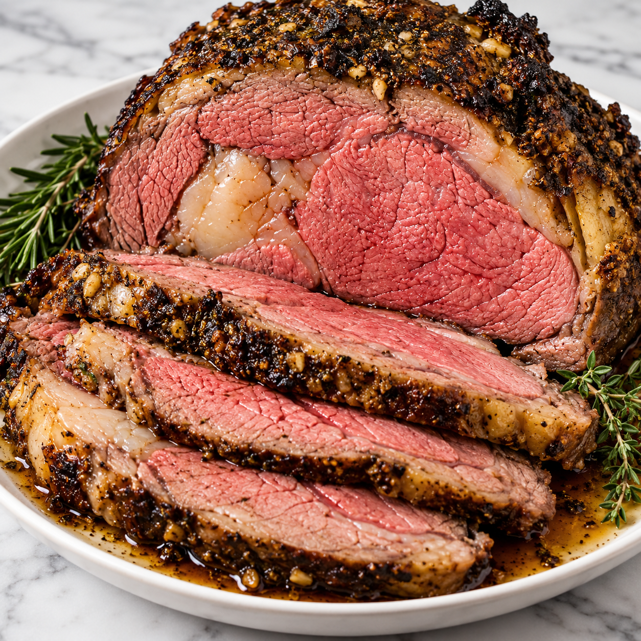 Perfect Prime Rib slices with garlic-herb crust and pan jus