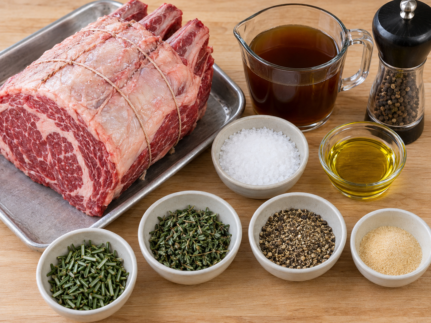 Raw standing rib roast with herbs, salt, pepper, oil, and beef broth
