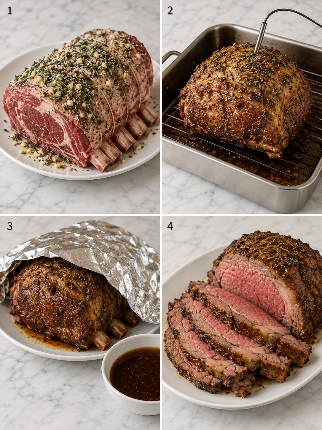 Four steps for seasoning, roasting, resting, and slicing prime rib