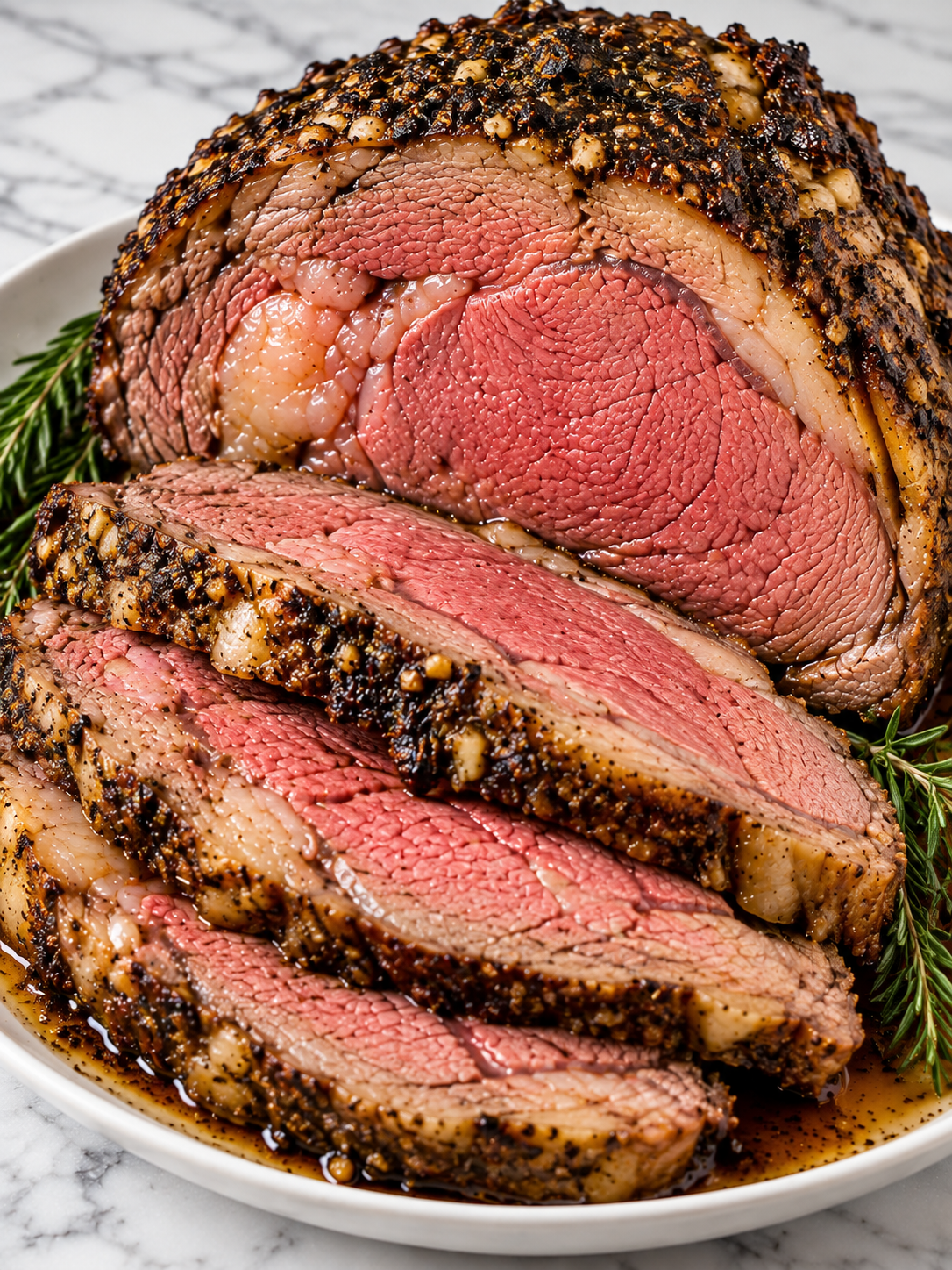 Juicy Perfect Prime Rib slices with browned herb crust and rosemary