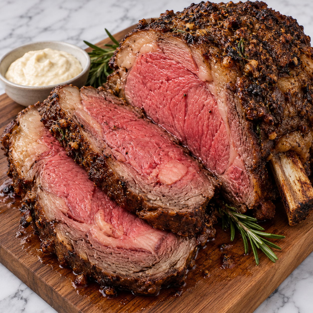 Sliced prime rib with garlic herb crust and horseradish cream