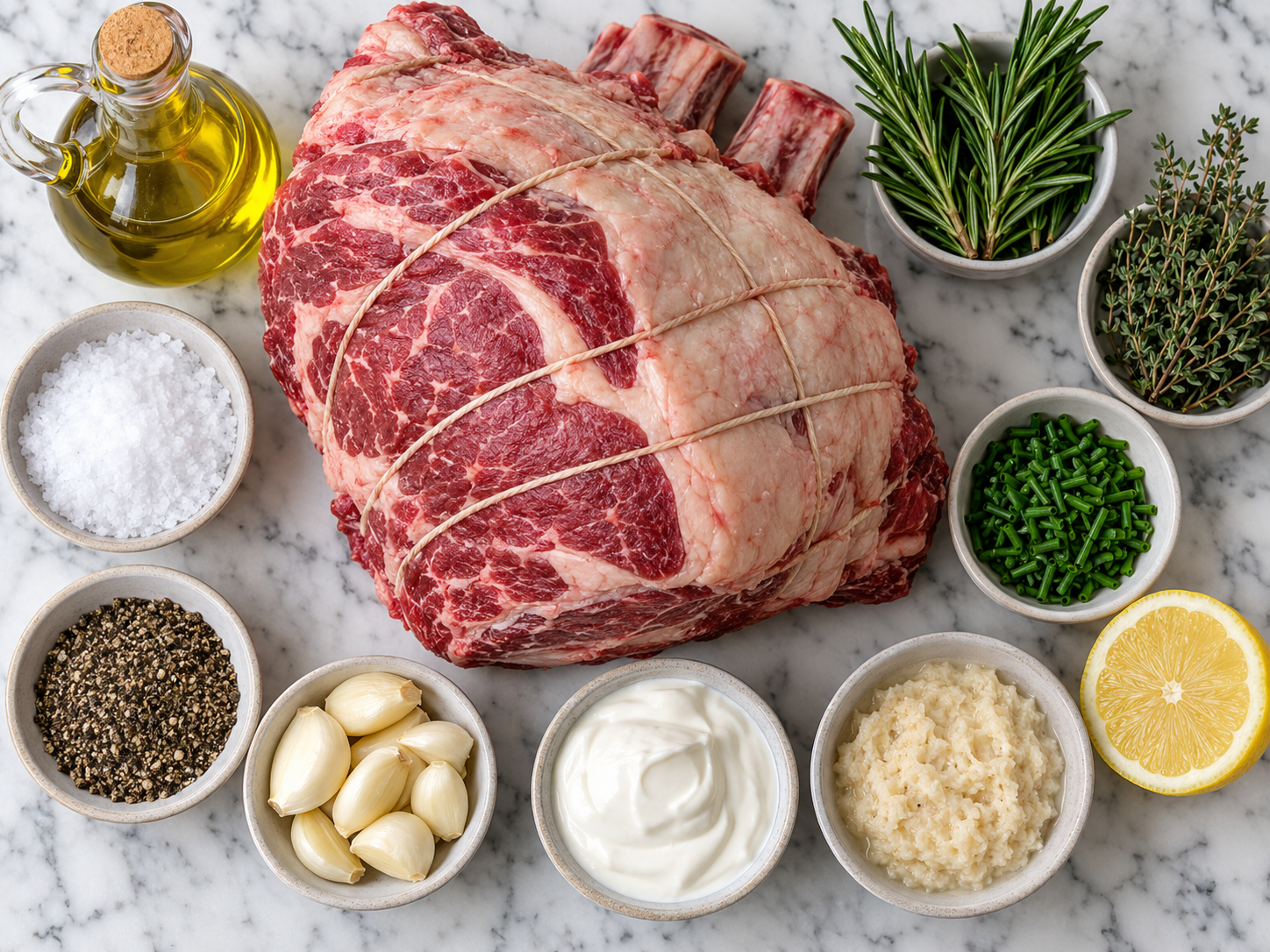 Raw prime rib ingredients with herbs, garlic, salt, and horseradish cream