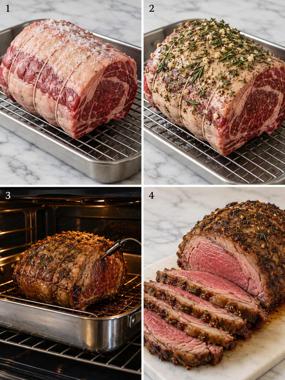 Four cooking steps for prime rib from salting to carving