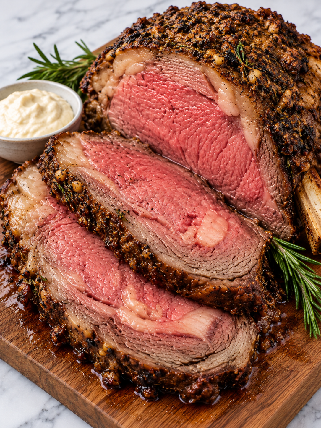 Juicy sliced prime rib with browned herb crust on a carving board