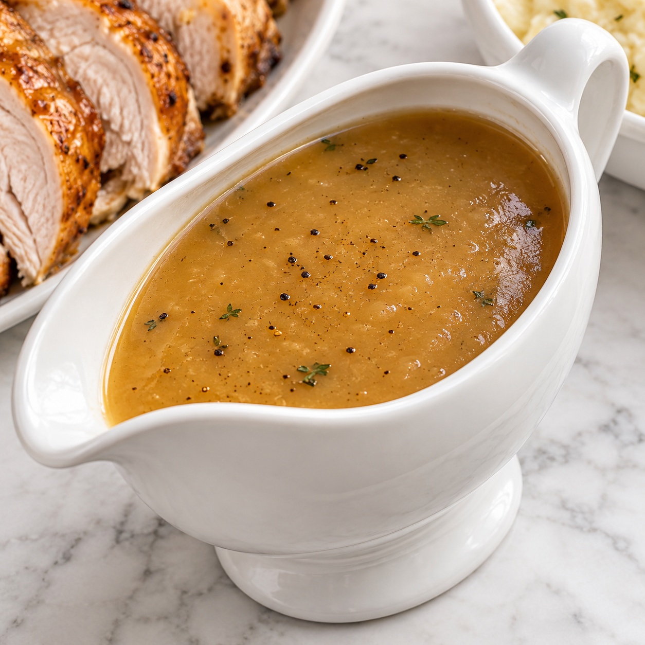 Silky turkey gravy in a white gravy boat with roast turkey and herbs