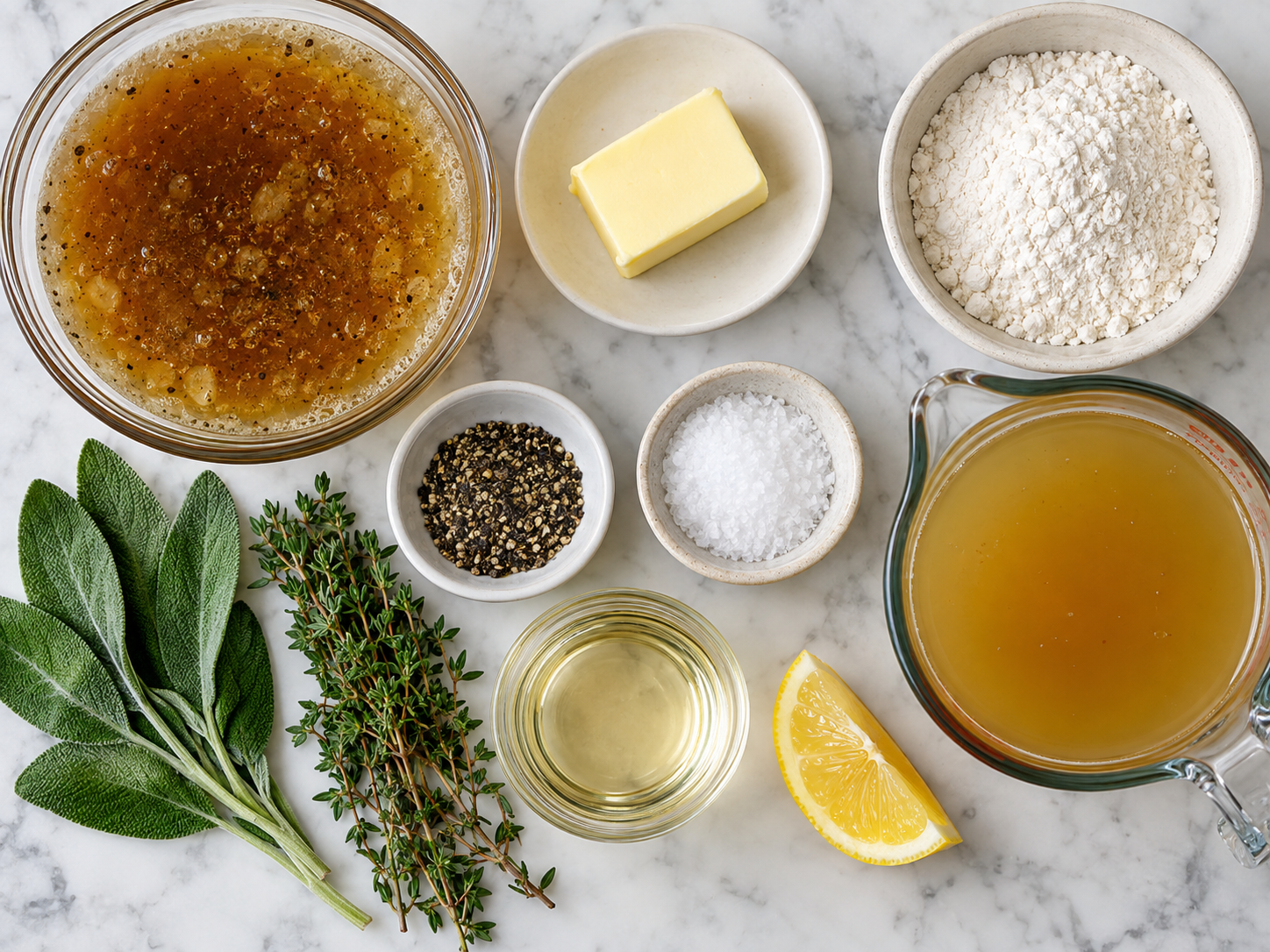 Turkey gravy ingredients with drippings, butter, flour, stock, herbs, and pepper