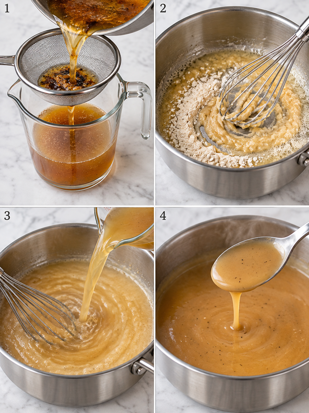 Four steps for making smooth turkey gravy from drippings and roux