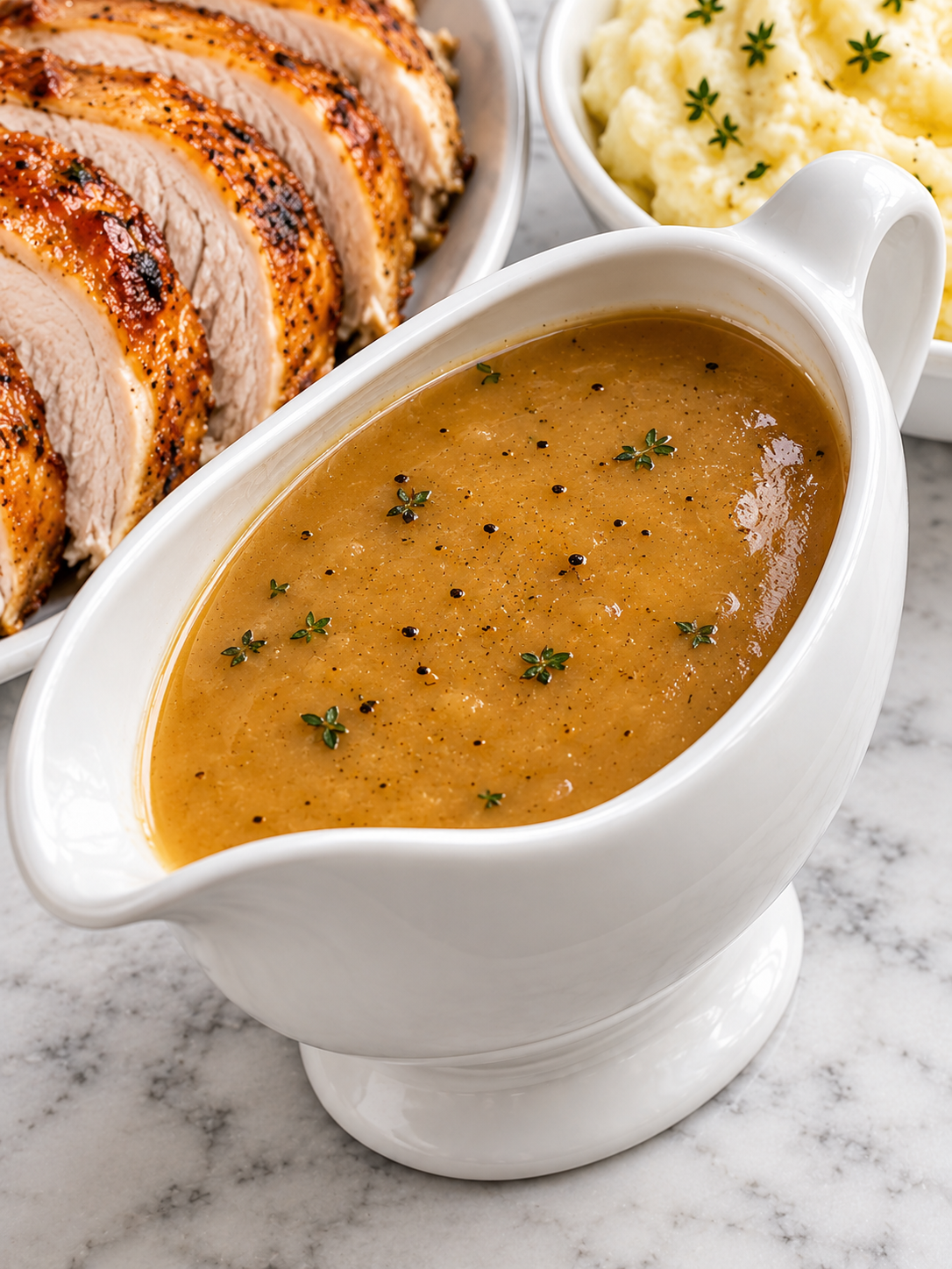 Glossy turkey gravy in a white gravy boat with turkey, potatoes, and thyme