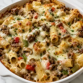 Philly cheesesteak pasta bake with beef, peppers, and melted provolone