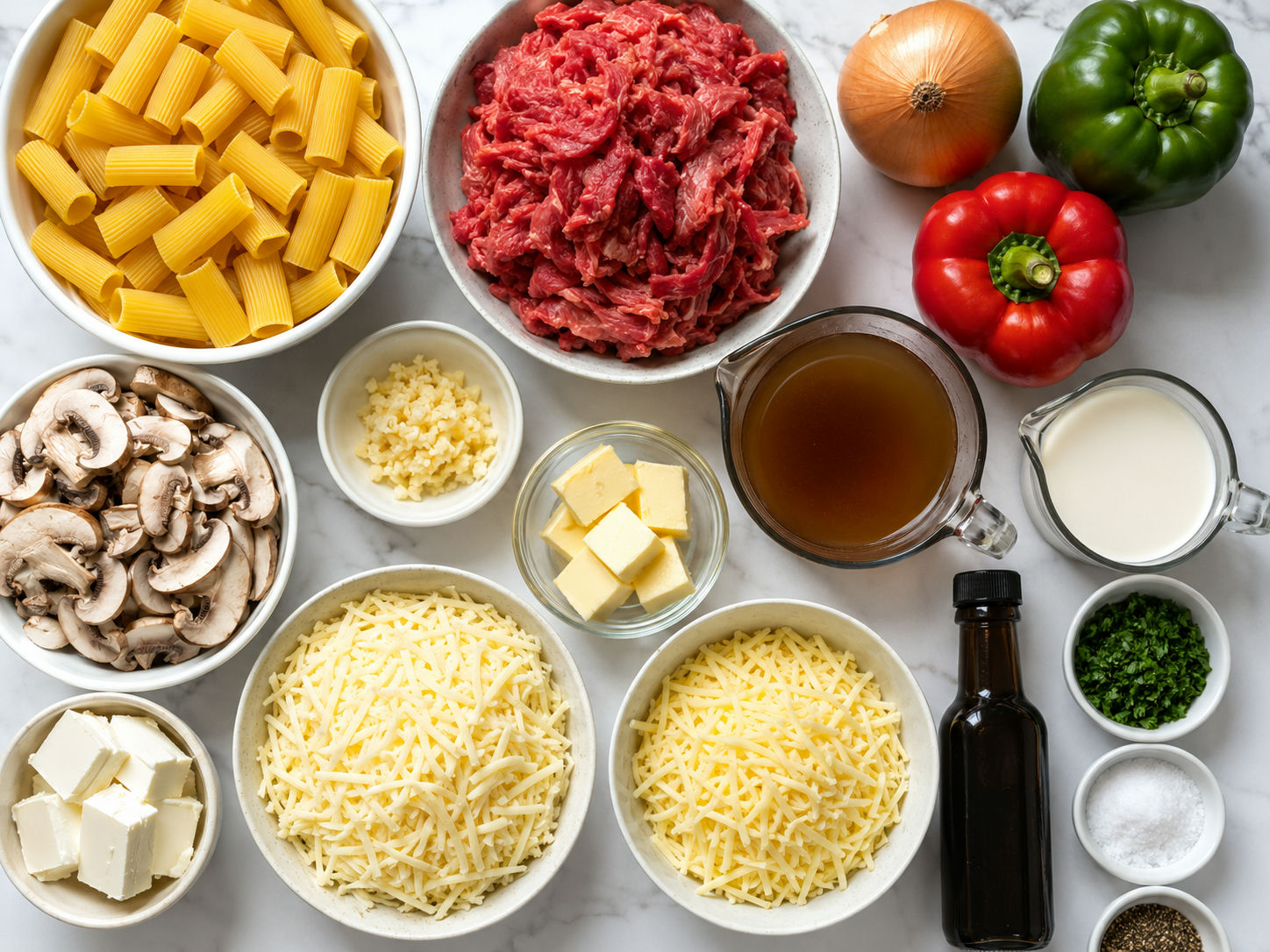 Ingredients for Philly cheesesteak pasta bake with beef, peppers, pasta, and cheese