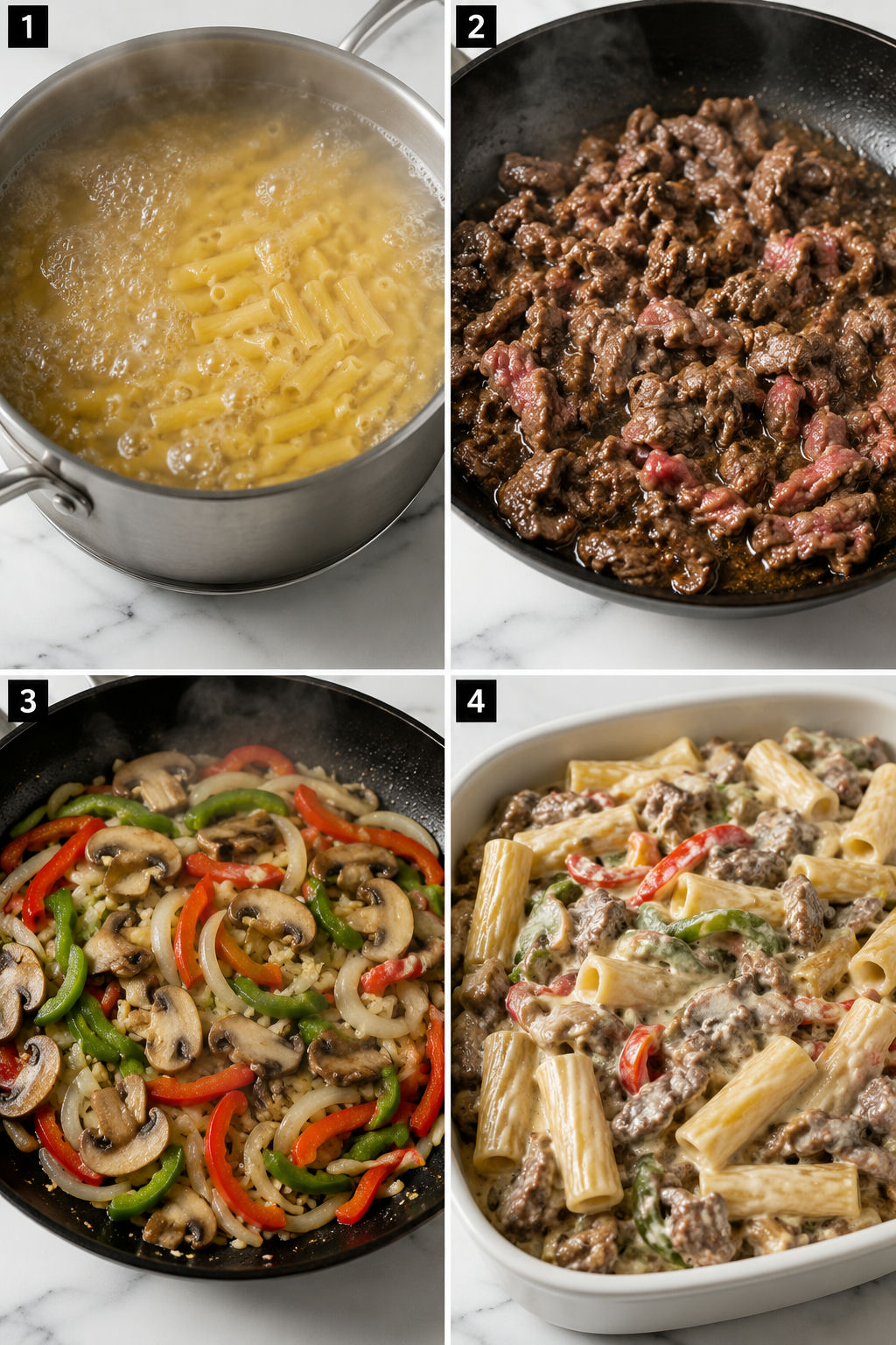 Four cooking steps for Philly cheesesteak pasta bake with beef and peppers