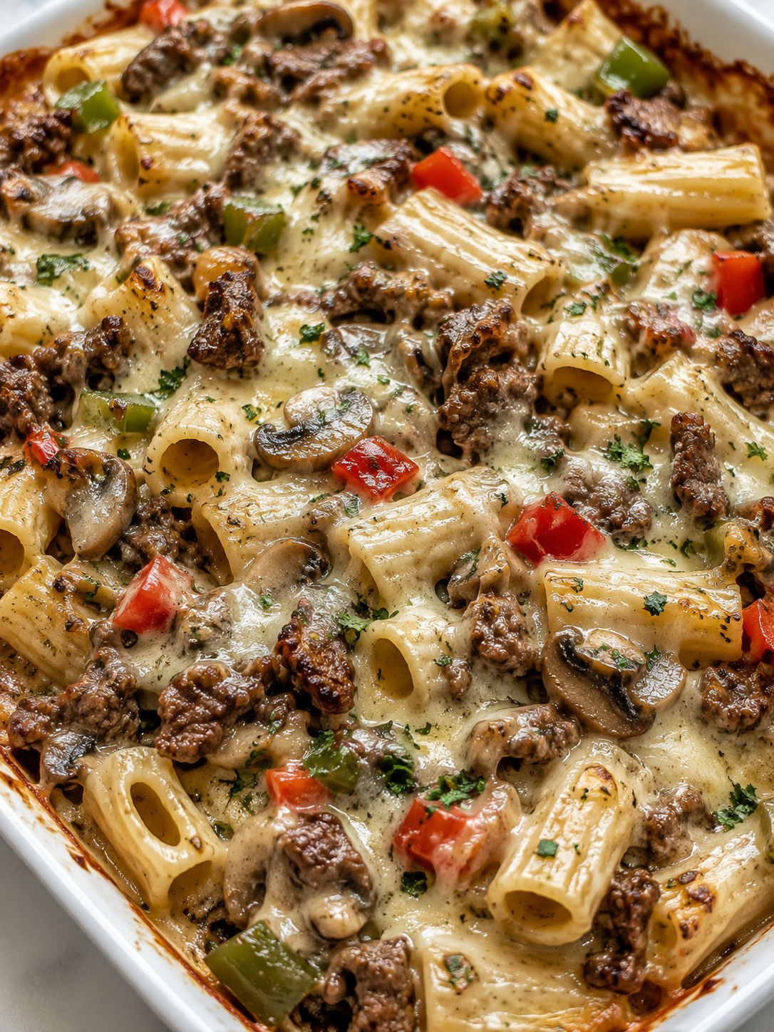 Cheesy Philly cheesesteak pasta bake with beef, peppers, and golden melted top
