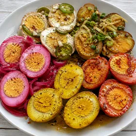 Colorful pickled eggs with beet, curry, chili, jalapeno, and soy ginger brines