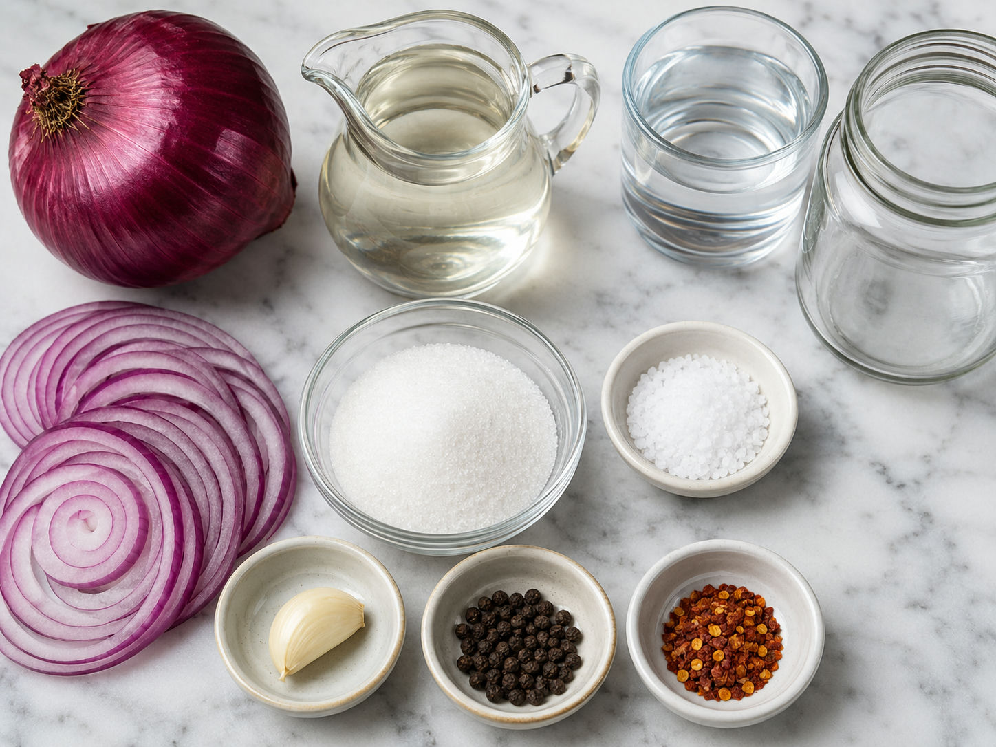 Ingredients for pickled red onions with vinegar, spices, and a glass jar